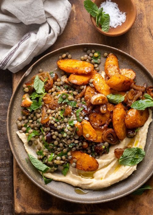 Roasted Carrot and Lentil Salad with Hummus